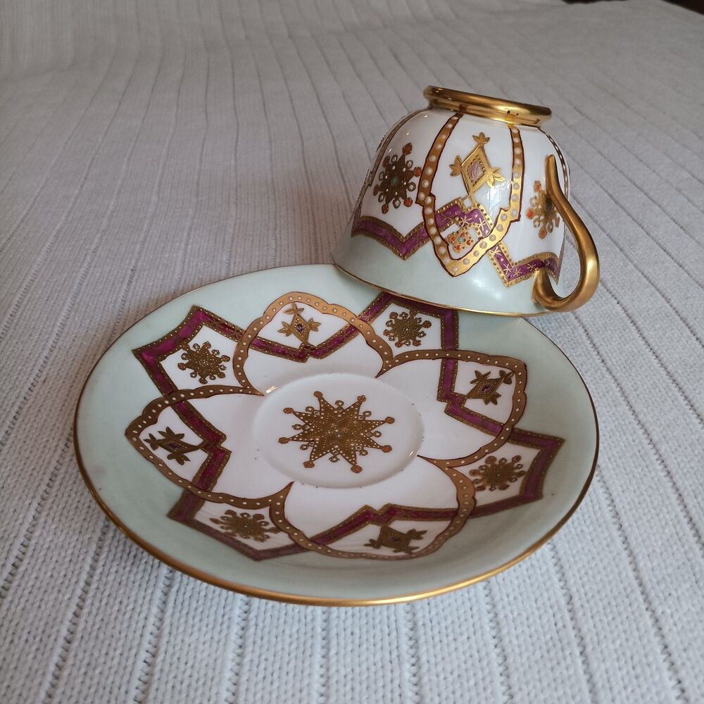 Antique May 1896 Doulton Burslem Jeweled Cabinet Cup & Saucer Hand Painted Gold
